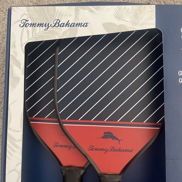 Tommy Bahama Pickleball Set 2-Blue & Red Wooden Paddles 2-Yellow Game Balls NEW - Picture 3 of 7